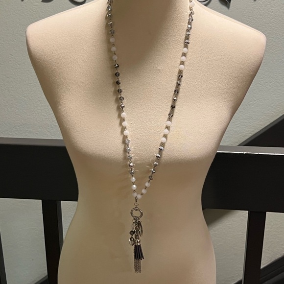 Premier Designs Silver, Gray, White Beaded Necklace With Charms. #PDNK1 - Picture 1 of 8